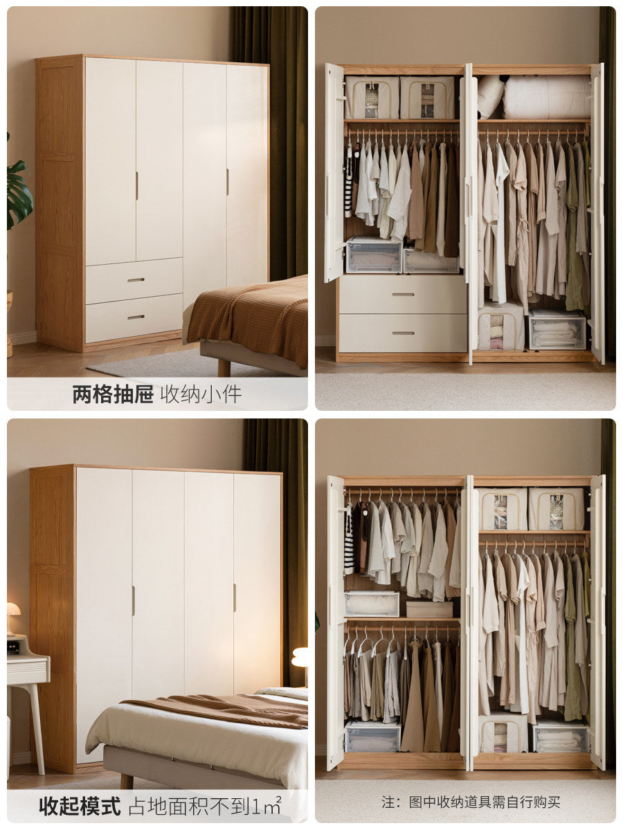 Solid wood bedroom wardrobe, natural wood white double-door closet, small storage cabinet, floor-standing combination unit